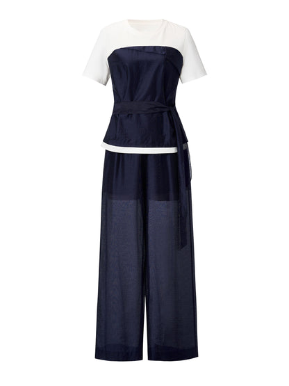 Tencel Blend Patchwork Top And Pants Two-Piece Set