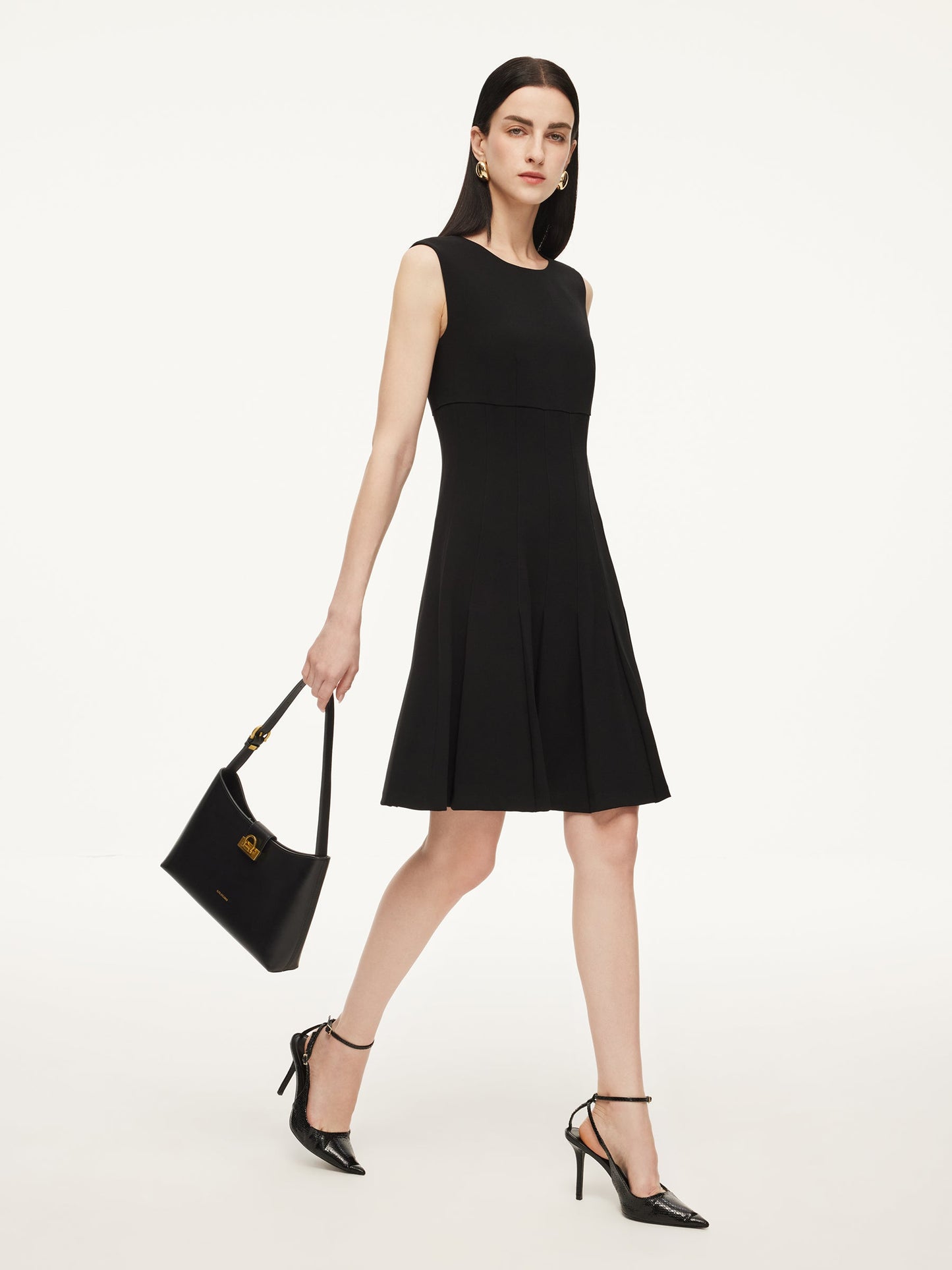 Triacetate Blend Gathered Waist Women Sleeveless Mini Dress