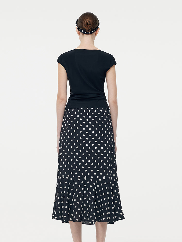 Acetate Knit Top And 16 MM Mulberry Slik Polka Dots Skirt Two-Piece Set