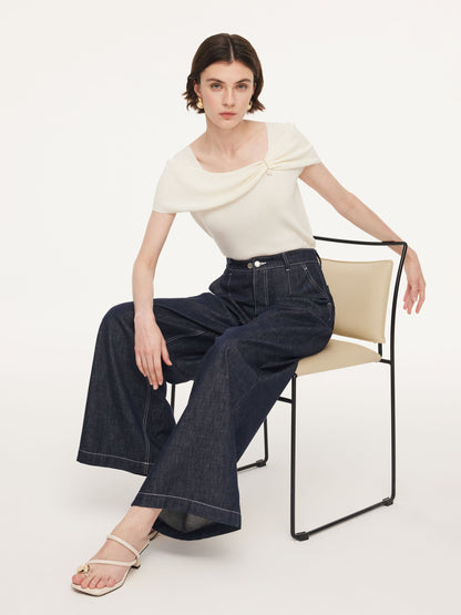 Lyocell Blend Off Shoulder Women Knit Top With Detachable Magnetic Flower