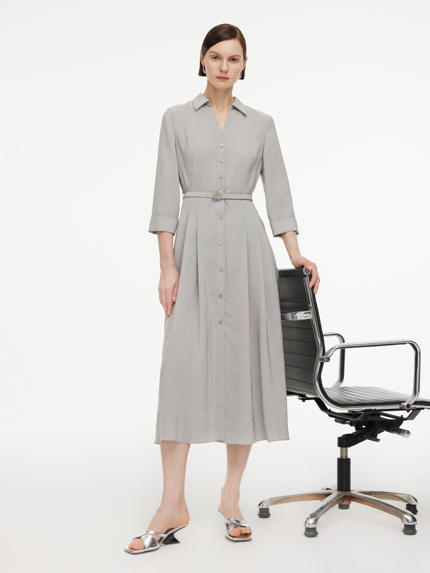 [Preview] Triacetate Blend Women Belted Maxi Shirt Dress