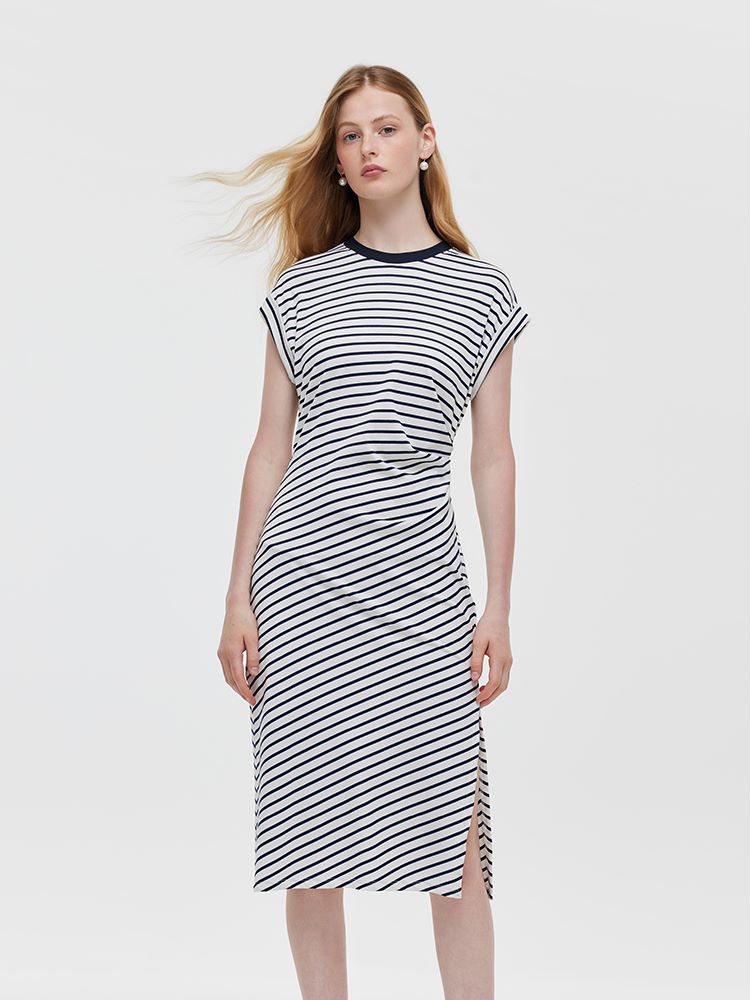 Striped Slit Ruched Women Midi Dress