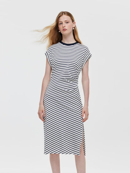 Striped Slit Ruched Women Midi Dress
