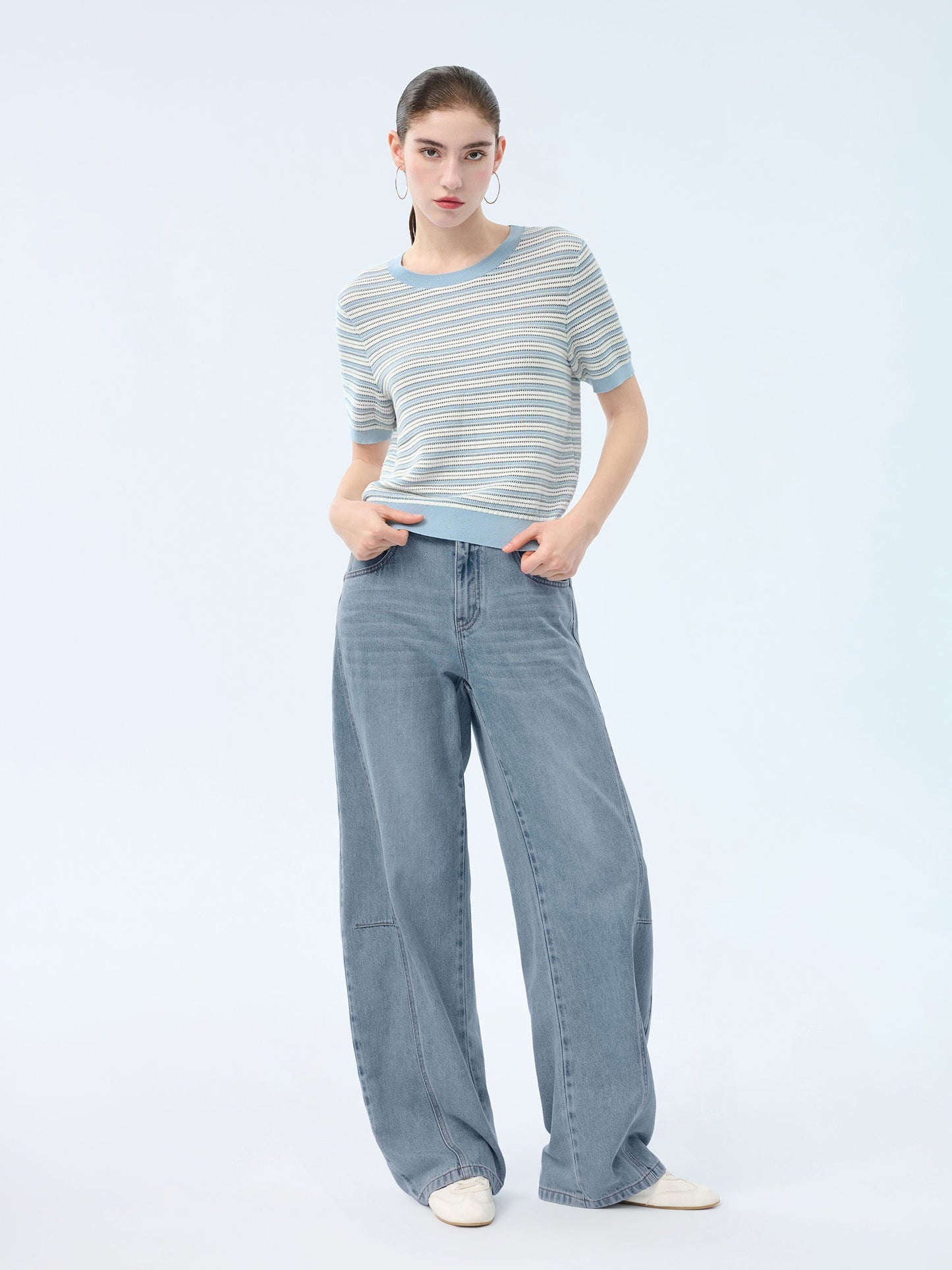 Lyocell Blend Blue And White Stripe Women Knit Top