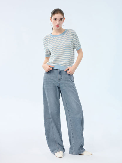 Lyocell Blend Blue And White Stripe Women Knit Top