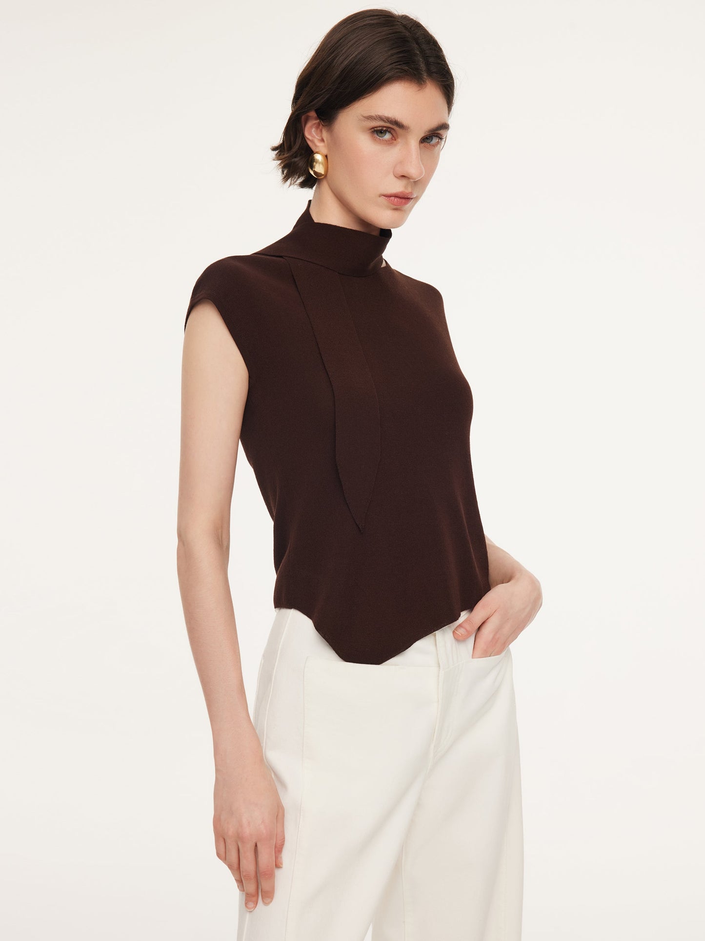 Tencel Blend Asymmetrical Hem Women Knit Top With Ribbon