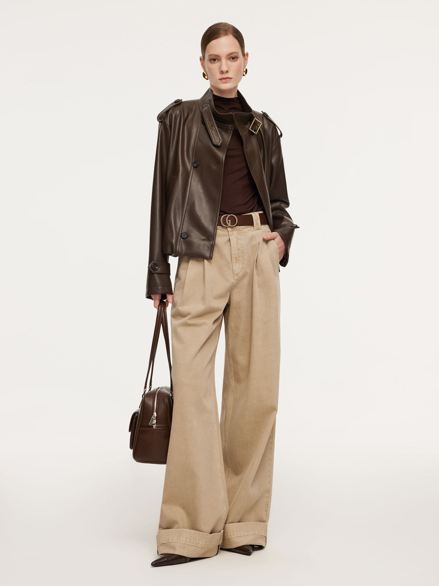 Cotton Denim Straight Wide Leg Women Folded Jeans With Belt