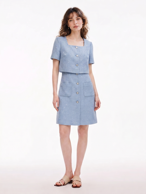 Acetate Blend Tweed Sequins Square Neck Women Mini Dress