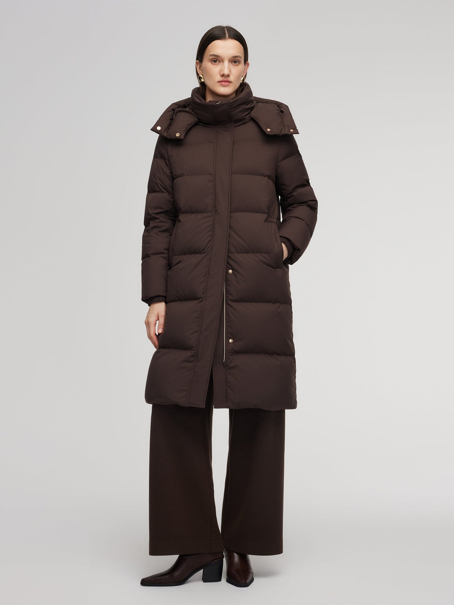 H-Line Knit Collar Long Goose Down Coat With Detachable Hood