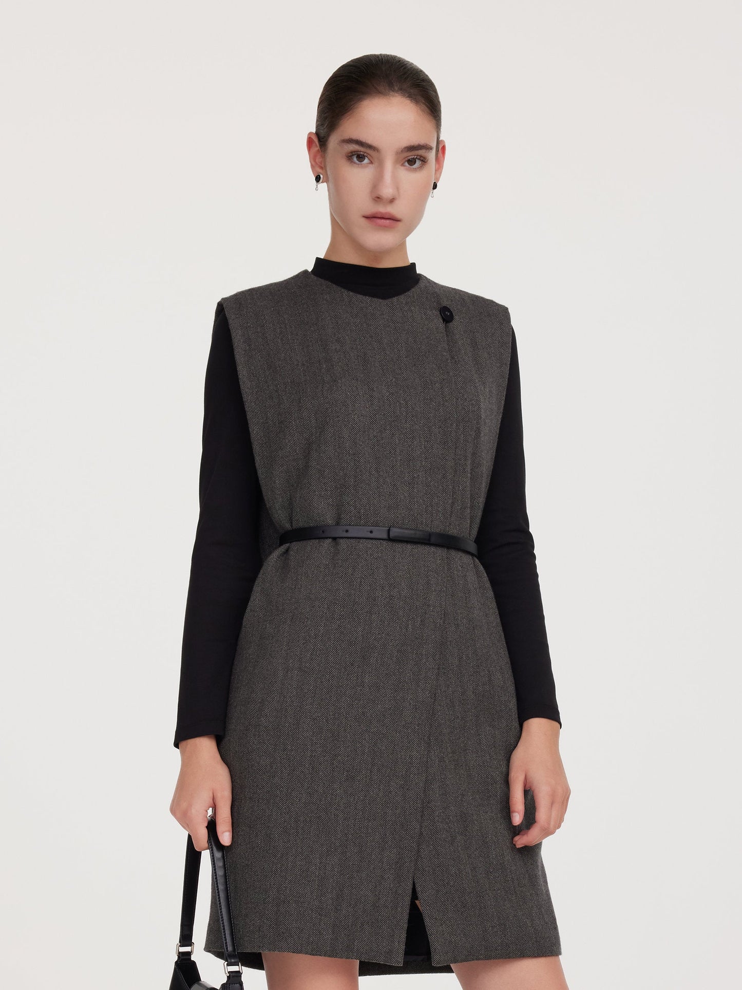 100% Wool Vest And Knit Dress Two-Piece Set With Belt