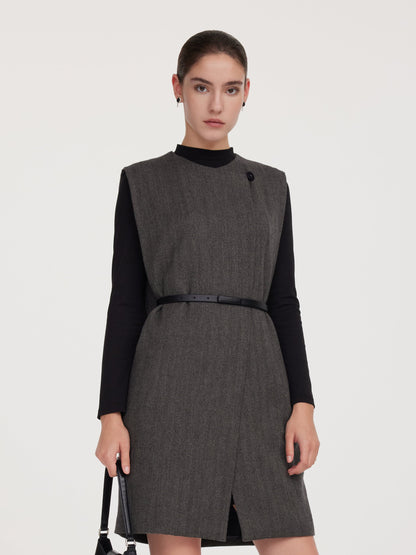 100% Wool Vest And Knit Dress Two-Piece Set With Belt