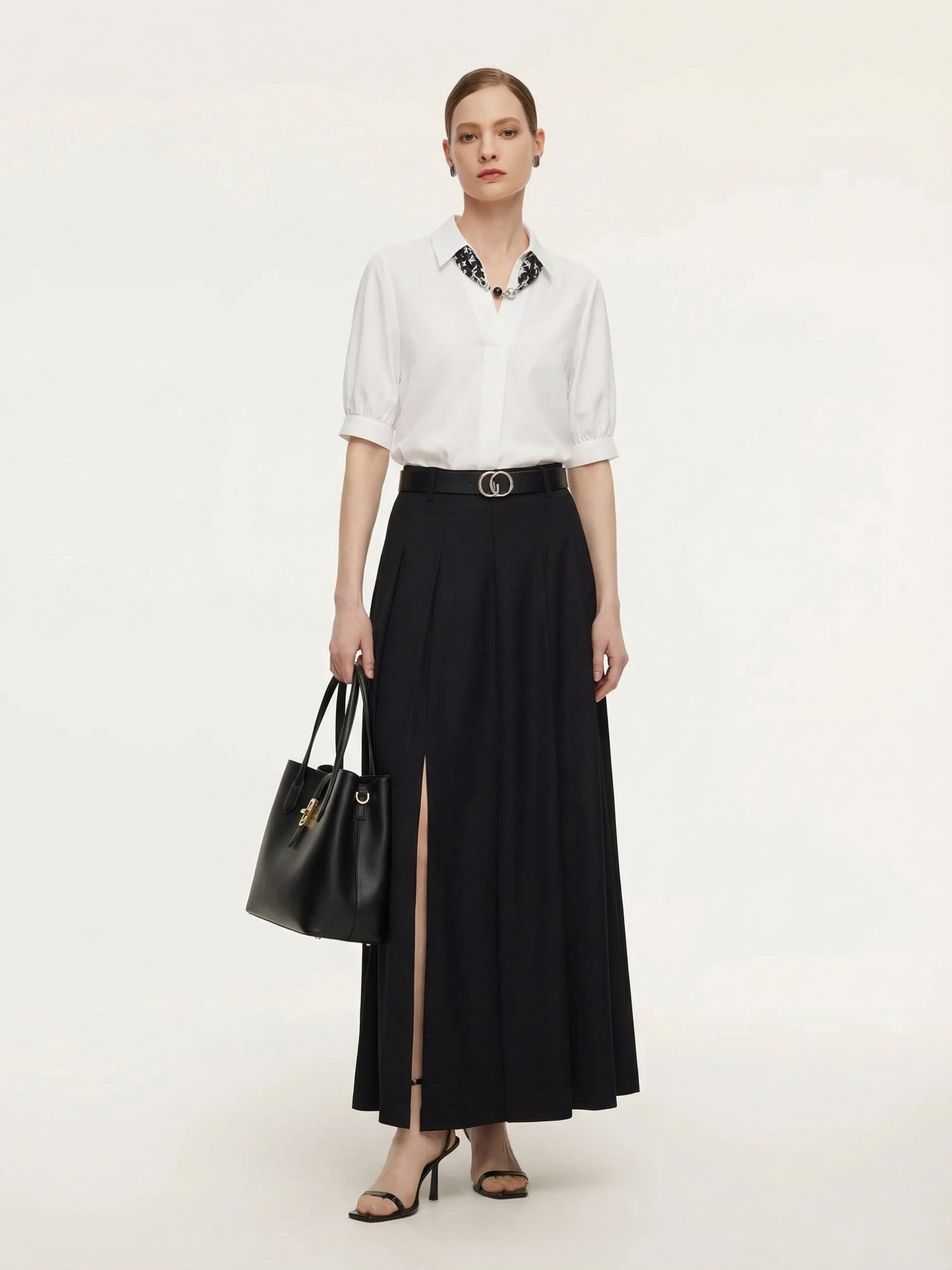 100% Wool Side Slit Women Pleated Skirt With Belt