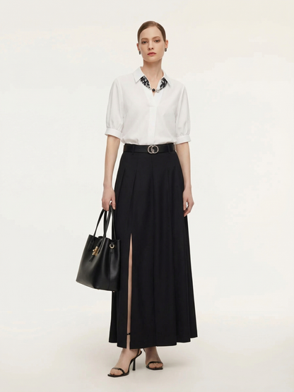 100% Wool Side Slit Women Pleated Skirt With Belt