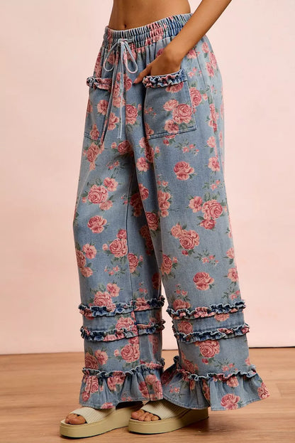 BiBi Washed Floral Denim With Ruffle Elastic Wide Pants