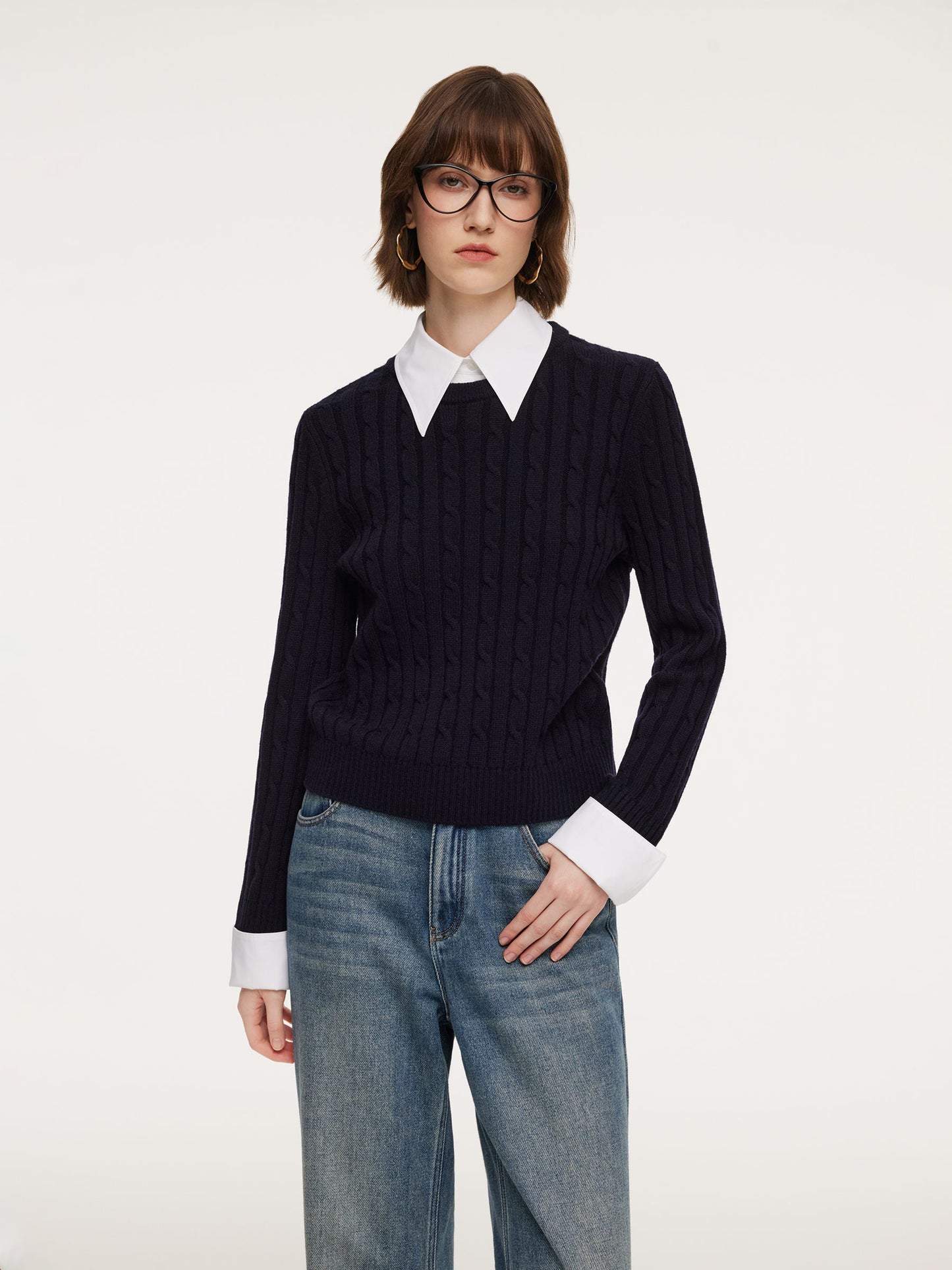 Wool Blend Cable Knit Women Sweater With Detachable Collar And Cuffs