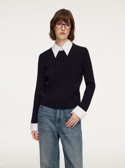 Wool Blend Cable Knit Women Sweater With Detachable Collar And Cuffs