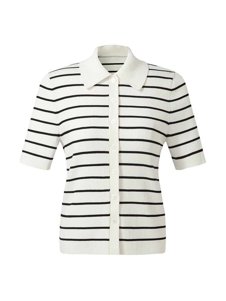 Tencel Stripe Women Short Sleeve Cardigan