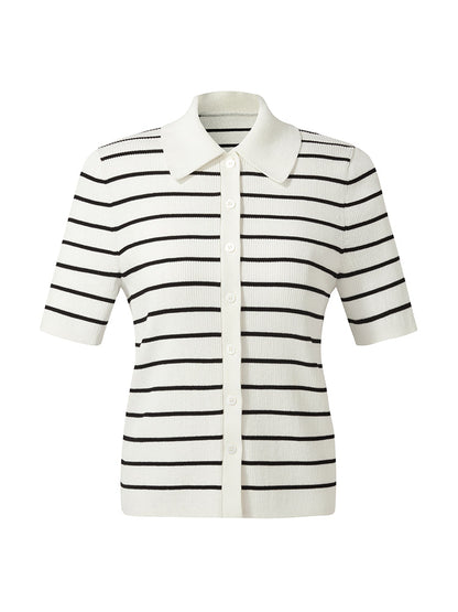 Tencel Stripe Women Short Sleeve Cardigan