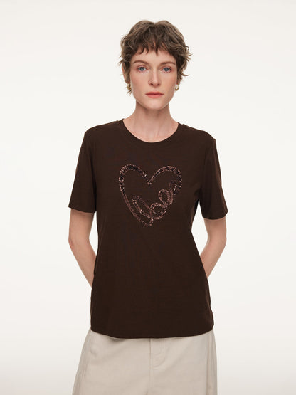 Sequined Heart Round Neck Women T-Shirt