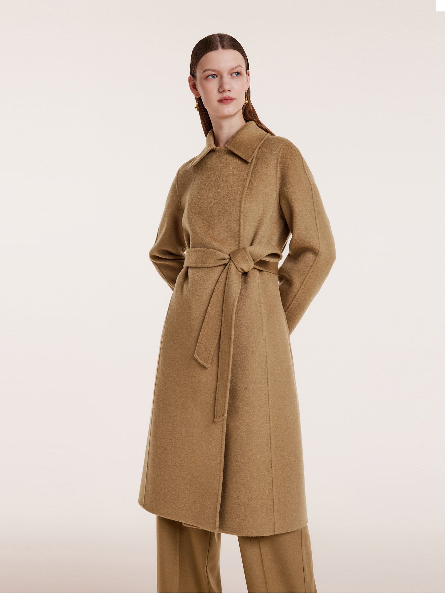 Camel Pure Cashmere Lapel Women Coat