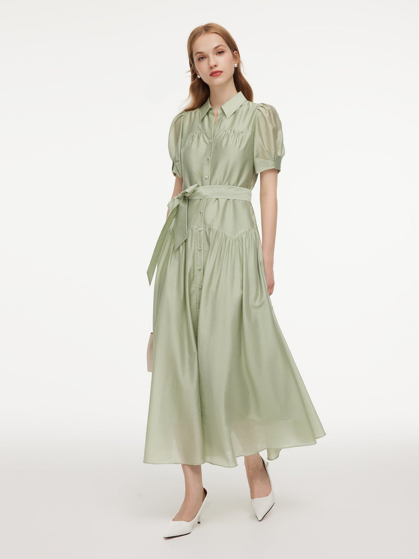 Tencel Blend Puff Sleeve Women Belted Maxi Shirt Dress