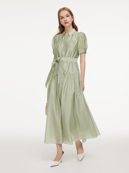 Tencel Blend Puff Sleeve Women Belted Maxi Shirt Dress