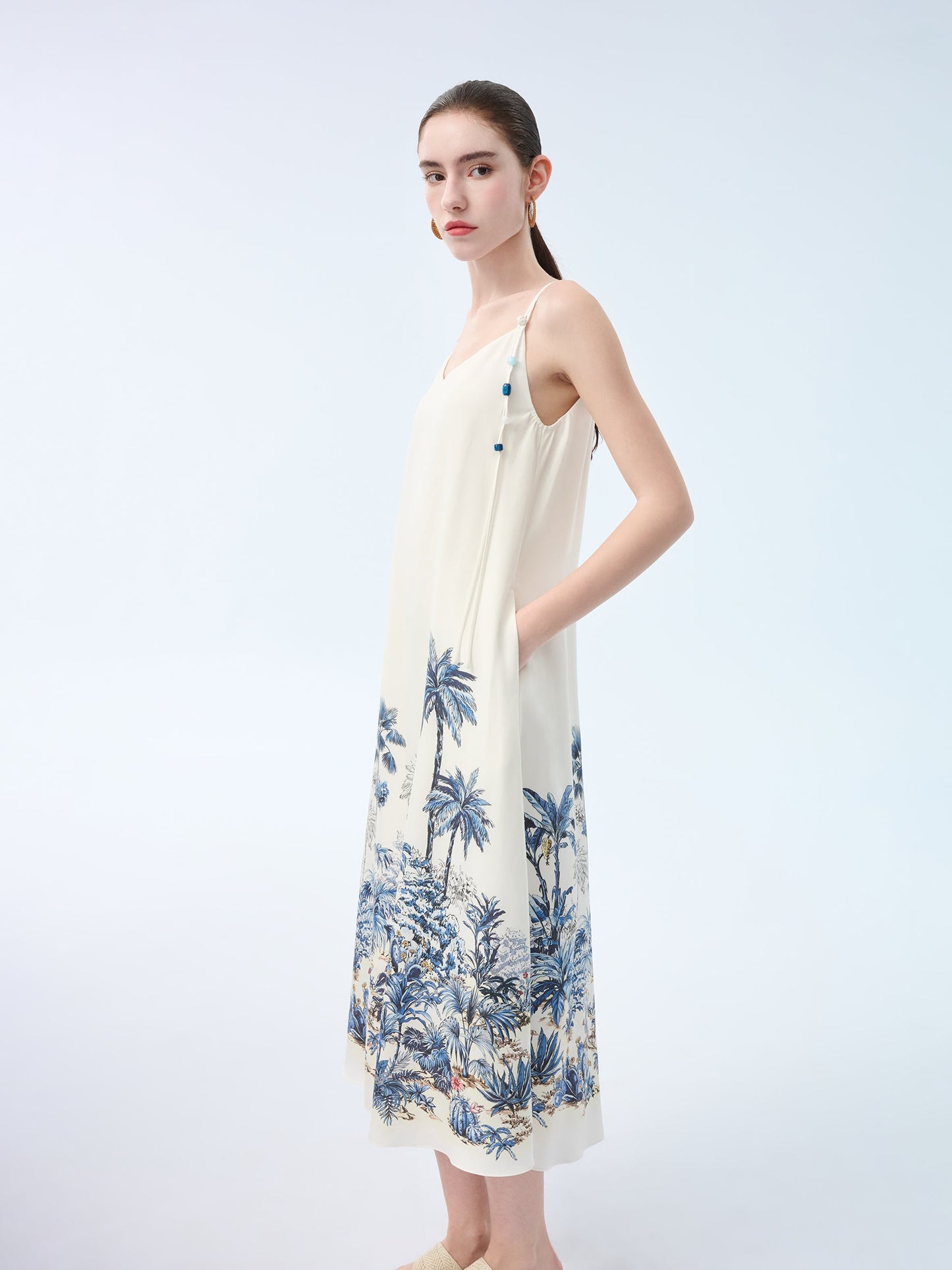 Tencel Linen Blend Floral Print Women Strap Maxi Dress