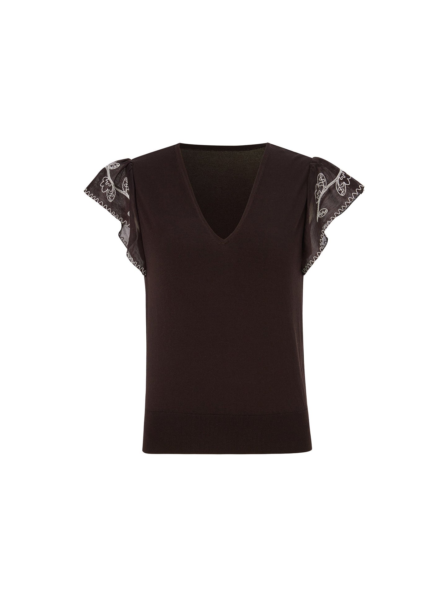 Lyocell Blend V-Neck Women Embroidered Sleeve Knit Top