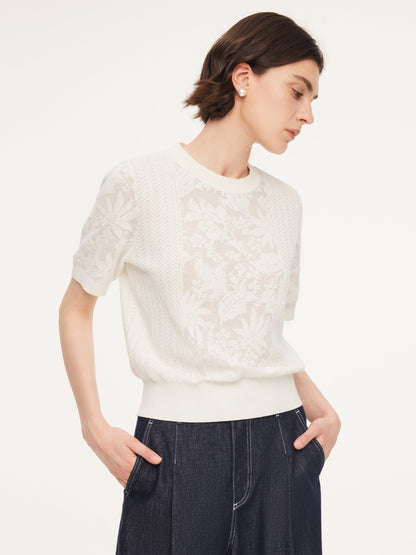 Lace Jacquard Round Neck Women Knit Top
