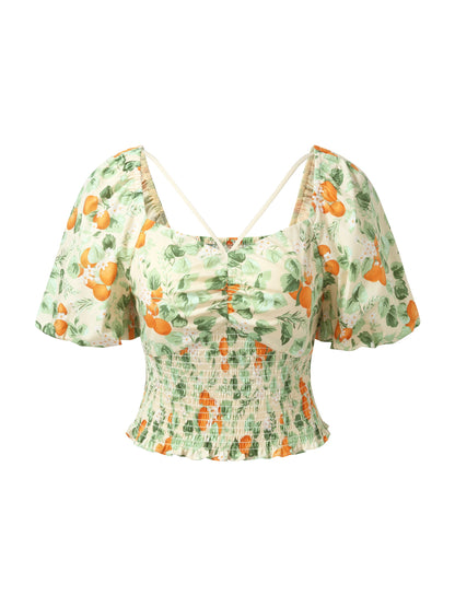 Cotton Floral Print Women Smocked Top
