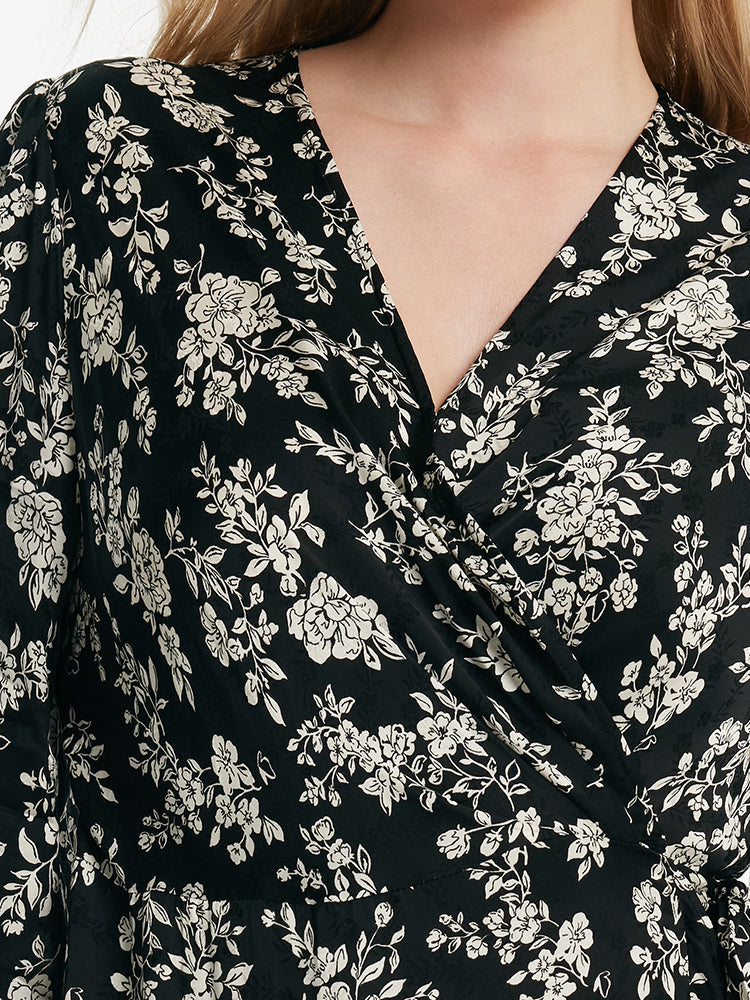 Camellia Print V-Neck Ruffle Hem Women Midi Wrap Dress
