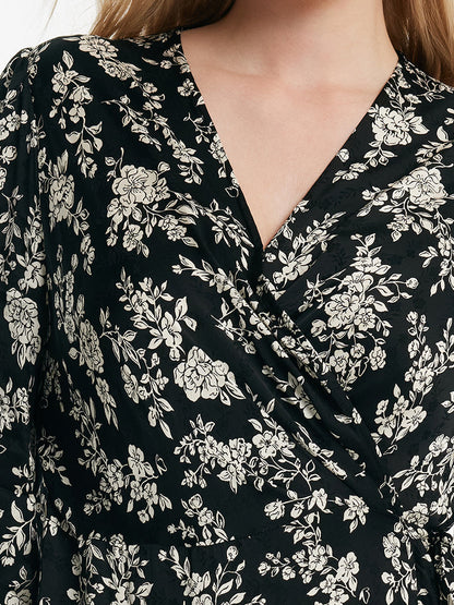 Camellia Print V-Neck Ruffle Hem Women Midi Wrap Dress