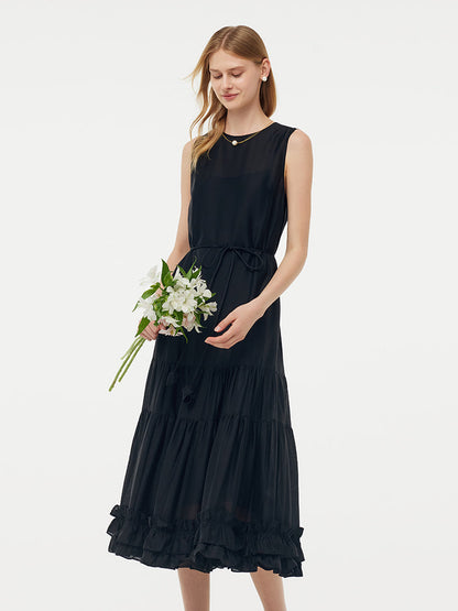 Tencel Ruffle Hem Women Tiered Vest Midi Dress With Slip Dress And Belt