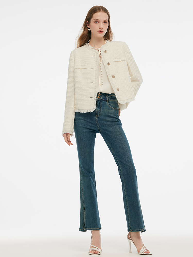 Tweed Collarless Women Crop Jacket