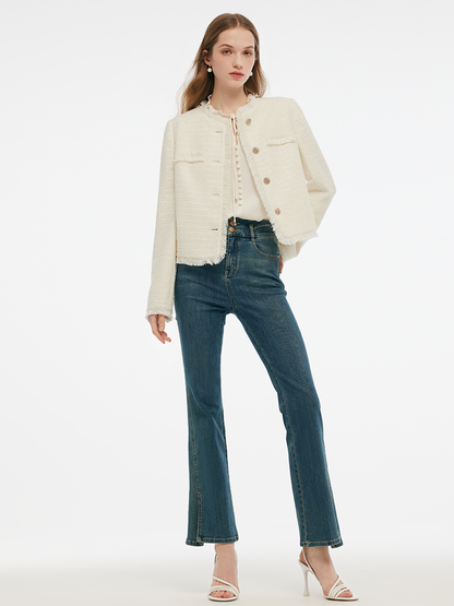 Tweed Collarless Women Crop Jacket