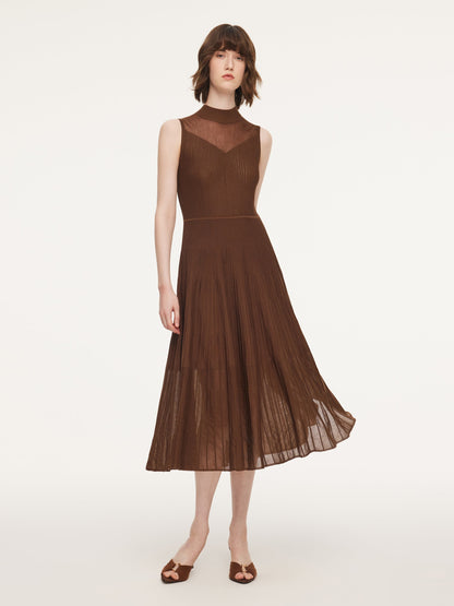 Mock Neck Sleeveless A-Line Women Pleated Maxi Dress