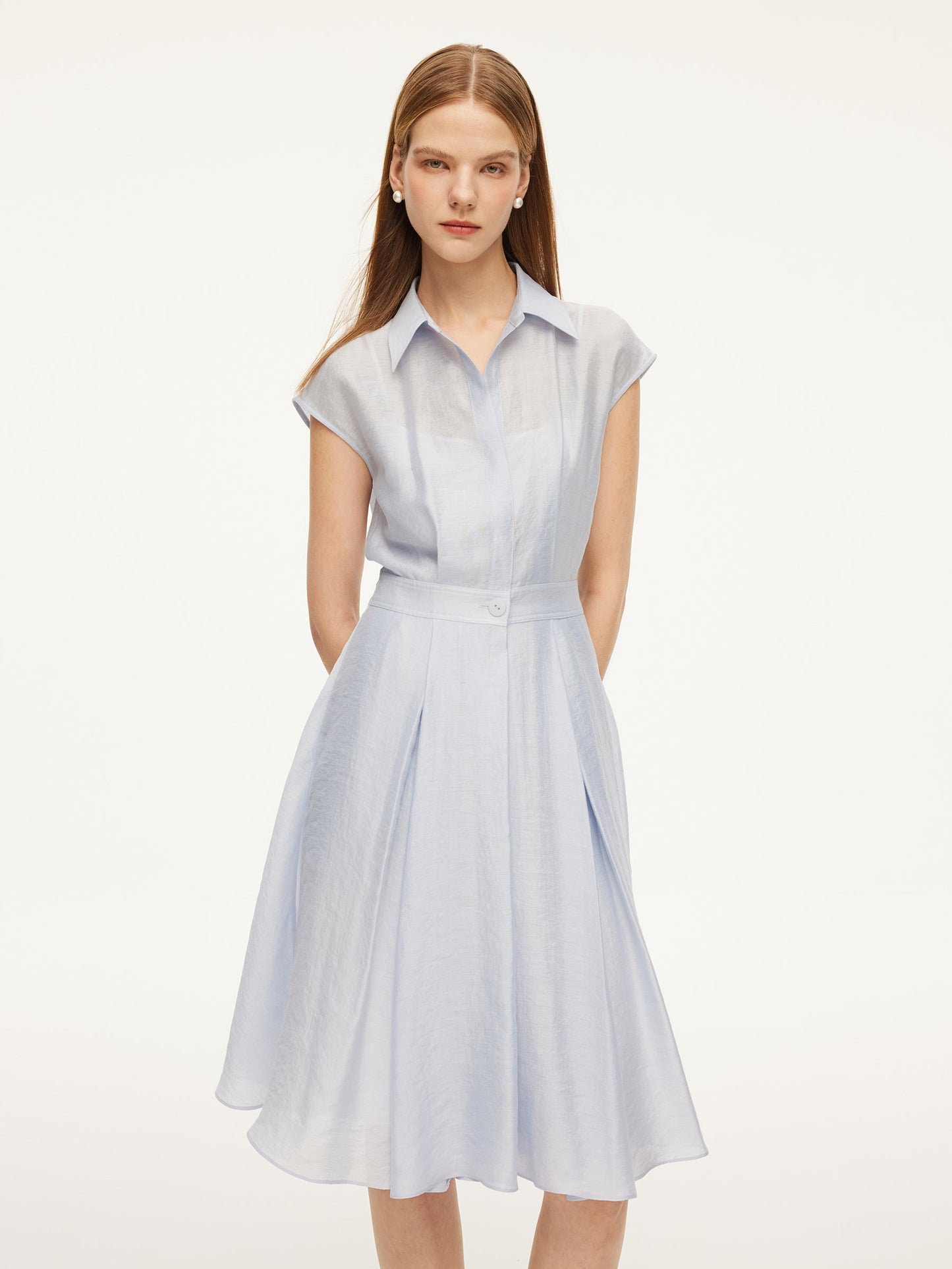 Tencel Acetate Linen Blend Cap Sleeve Women Midi Shirt Dress