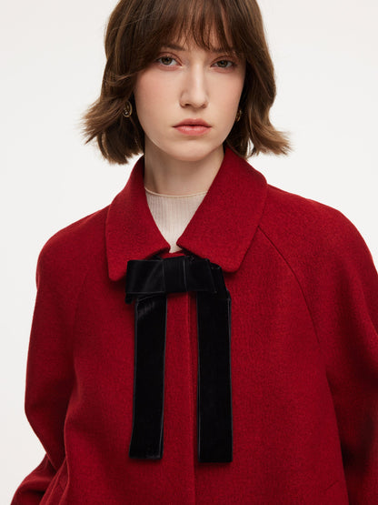 100% Wool Women Coat With Detachable Bowknot