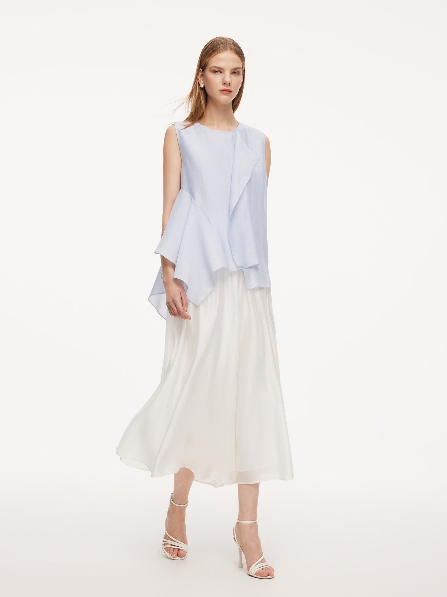 Lyocell Blend Light Blue Ruffle-Detailing Women Tank Top