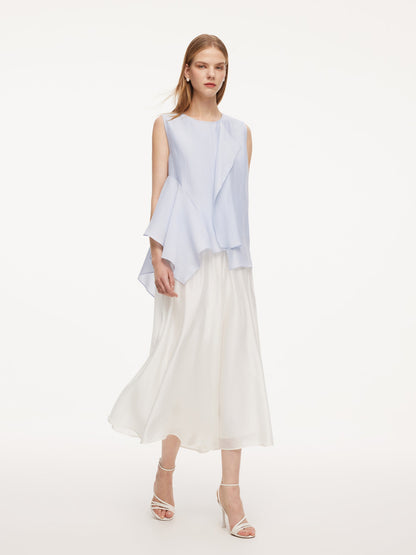 Lyocell Blend Light Blue Ruffle-Detailing Women Tank Top