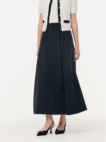 A Line Elastic Waist Pleat Women Maxi Skirt