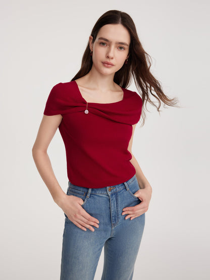 Lyocell Blend Off Shoulder Women Knit Top With Detachable Magnetic Flower