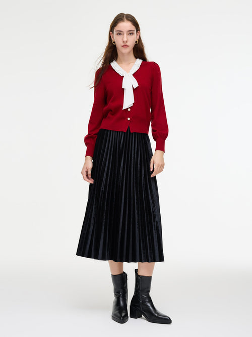 Knit Top And Velvet Pleated Skirt Two-Piece Set With Detachable Ribbon