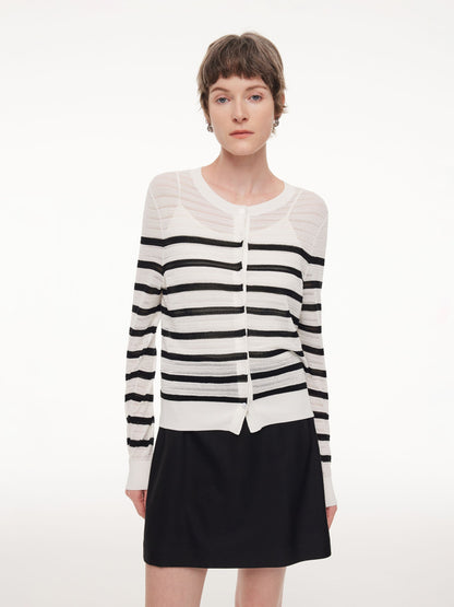 Acetate Cotton Blend Stripe Women Cardigan