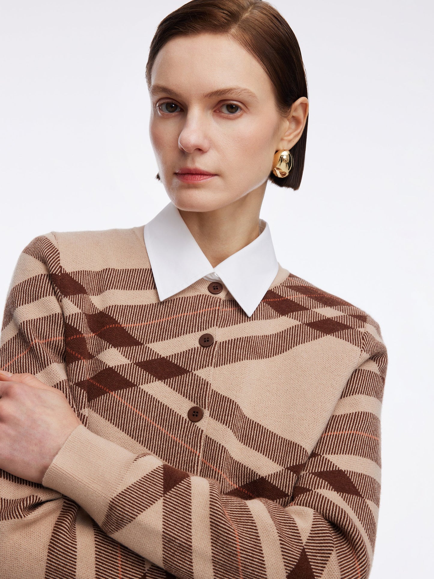 Tencel Wool Blend Plaid Women Cardigan
