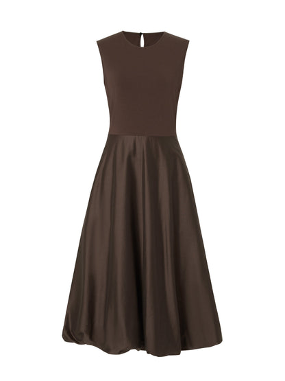 Dark Brown Patchwork Bubble Hem Women Sleeveless Maxi Dress With Bag