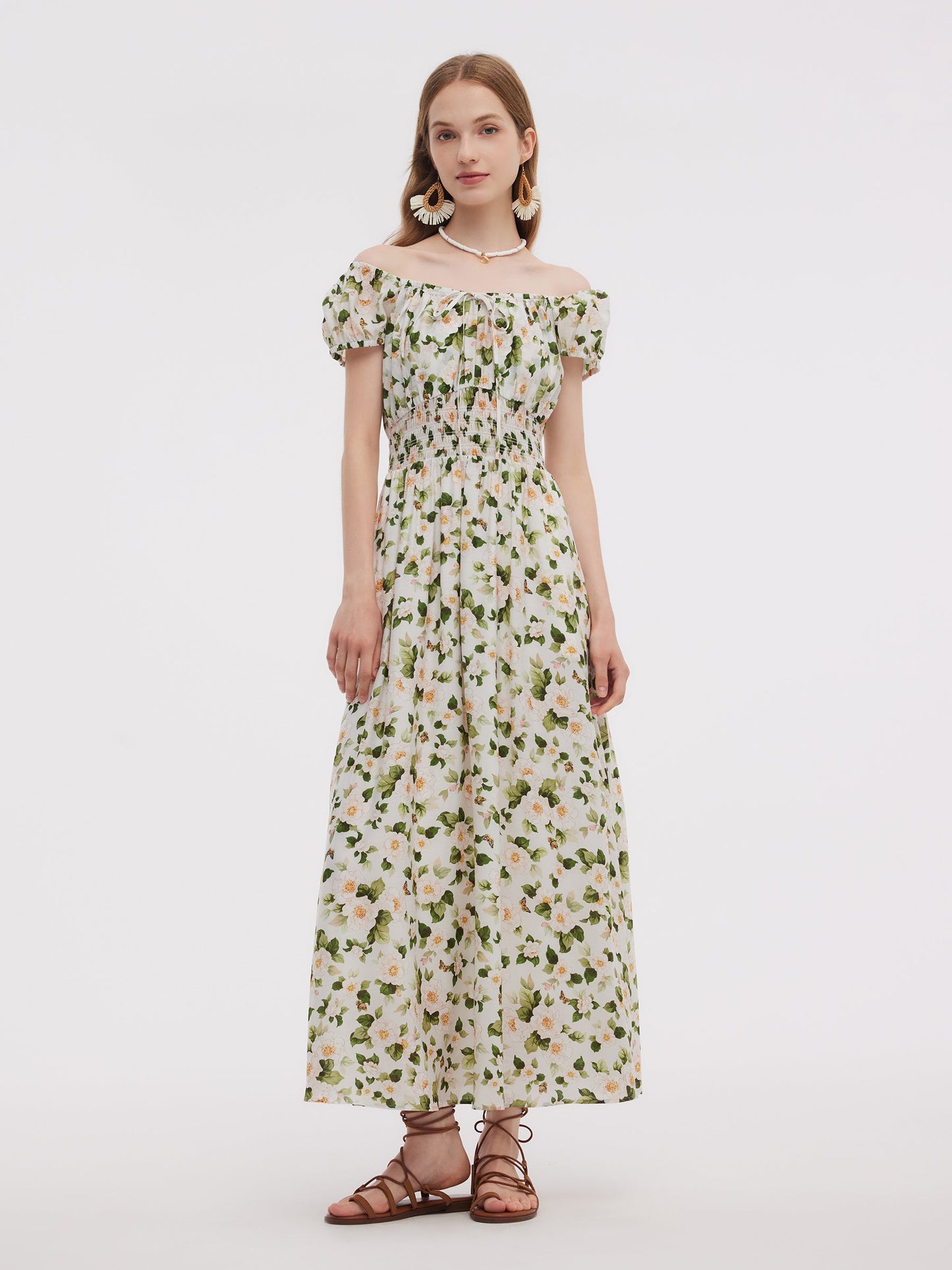 Acetate Blend Floral Print Adjustable Drawstring Neckline Women Maxi Dress