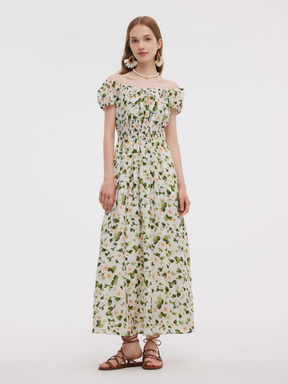 Acetate Blend Floral Print Adjustable Drawstring Neckline Women Maxi Dress