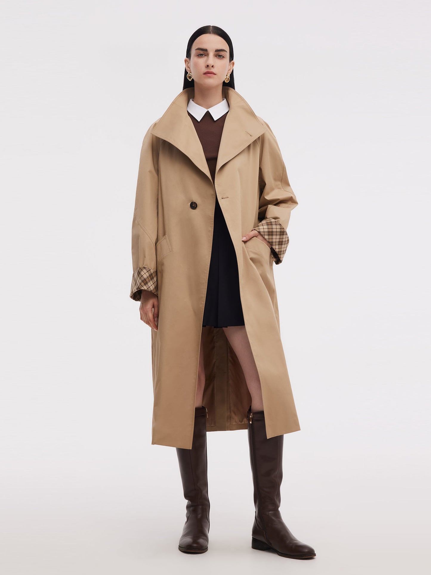 Cotton Color Block Cuffs Unisex Trench Coat