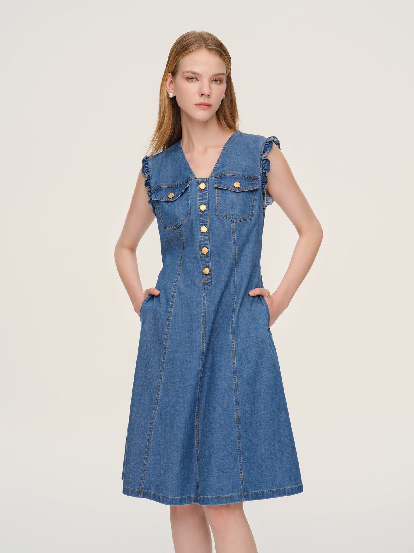 Lyocell Blend Denim V-Neck Women Sleeveless Midi Dress